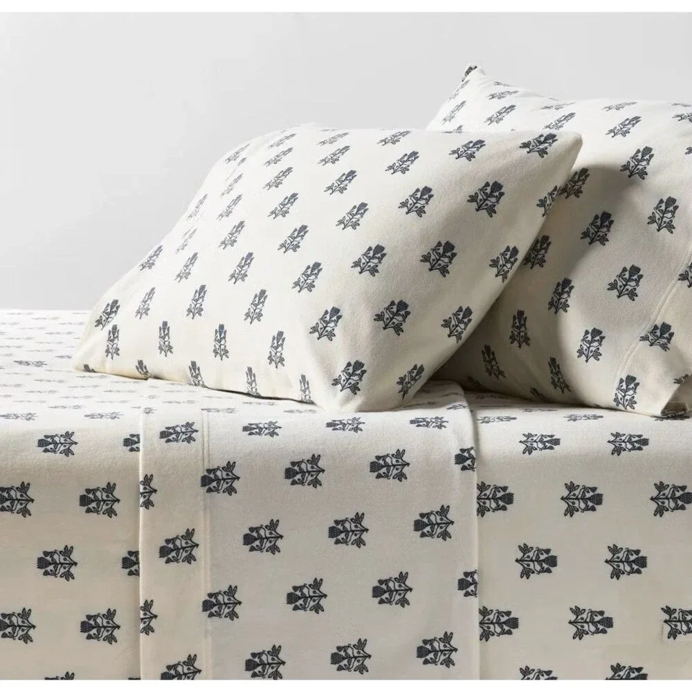 RARE Queen Ultra Soft Flannel Sheet Set Blue Woodblock - Threshold NEW